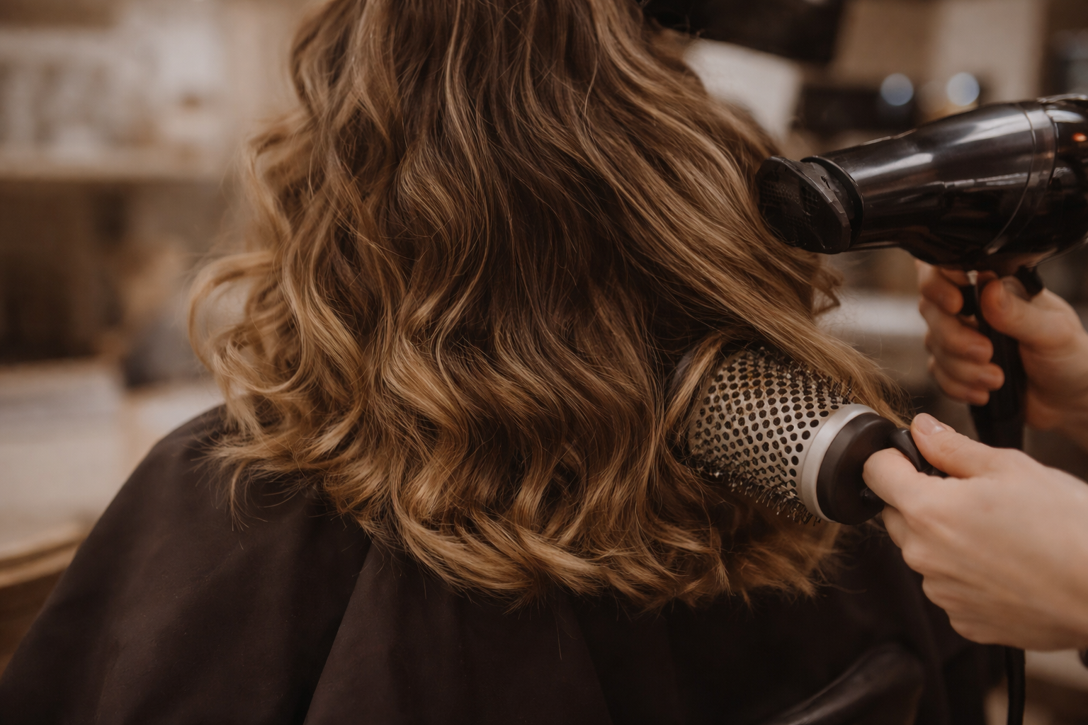 Estilista secando cabello en el salón